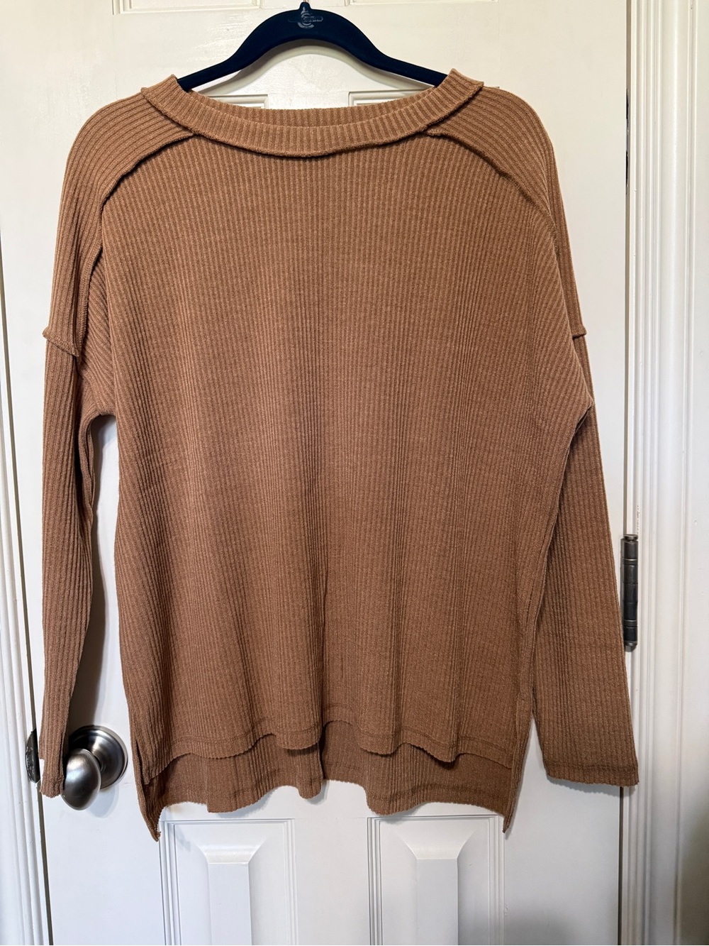 Zenana Outfitters Ribbed Crew Neck Sweater - Camel Brown